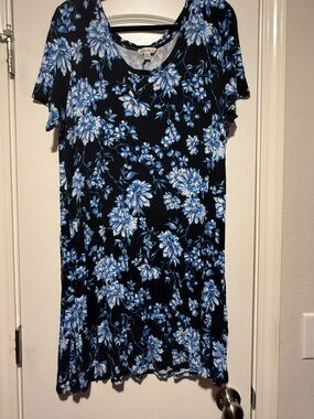 The Pioneer Woman Black Dress with Blue and White Floral Print